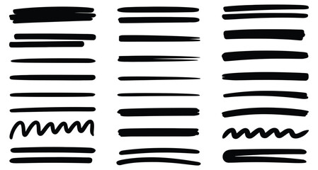 Variety of hand-drawn black brush stroke elements on white background featuring wavy, zigzag, and straight lines for design use