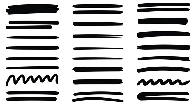 Variety of hand-drawn black brush stroke elements on white background featuring wavy, zigzag, and straight lines for design use