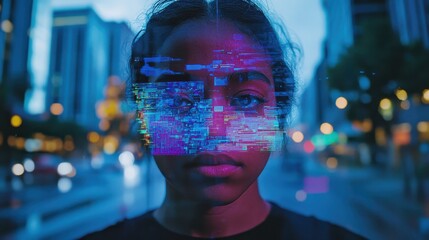 Woman's face overlaid with digital code in a city street scene.