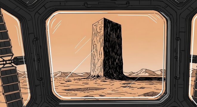 A spacecraft window view of a large, dark structure on a dusty Martian landscape.