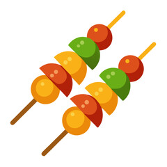 Colorful food skewers with round and semi-circular pieces cooking barbecue