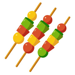 Colorful food skewers with red green yellow ingredients barbecue