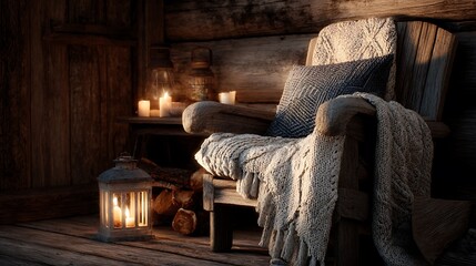 Cozy wooden cabin scene featuring rustic armchair with knitted blanket and candlelit lantern glow .