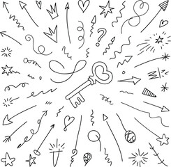 Hand drawn doodle elements key arrows hearts crowns stars and other abstract design elements