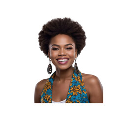 Portrait of a Smiling Young African American Woman with Natural Hair and Floral Clothing