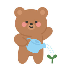 Smiling Brown Bear Sprinkling Water on Green Plant with Blue Watering Can