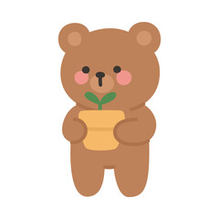 Brown Bear Holding a Tulip Sprout in Pot Vector Illustration