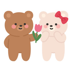 Korean Style Couple Bears with Tulip Flower Vector Illustration