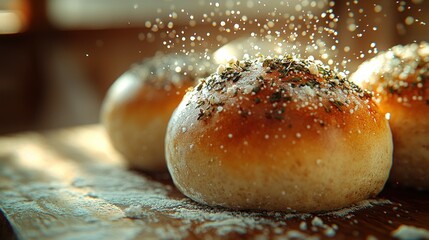 Three freshly baked dinner rolls, dusted with herbs and cheese, sit on a wooden surface sprinkled with flour.  A flurry of powdered toppings are suspended in the air