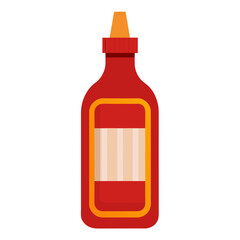 Red bottle with orange cap and label condiment sauce