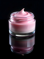 Pink moisturizer in frosted glass jar on black background