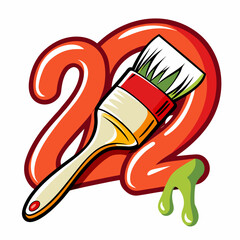 Orange paint brush with dripping green paint on abstract shapes creativity illustration