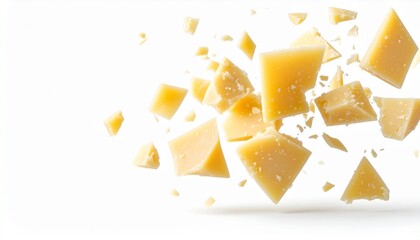 Scattered pieces of parmesan cheese floating in the air on a white background