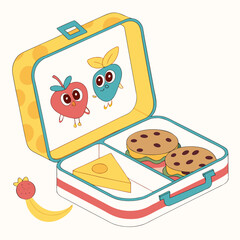 Cartoon lunchbox with food and fruit characters vector