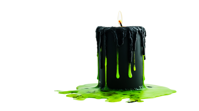 A burning black candle drips vibrant green wax, casting an eerie yet intriguing glow against a stark transparent background, suitable for Halloween.