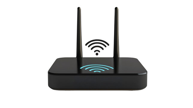 Sleek black wireless router with antennas provides a strong WiFi signal for modern digital communication and network connectivity, transparent background