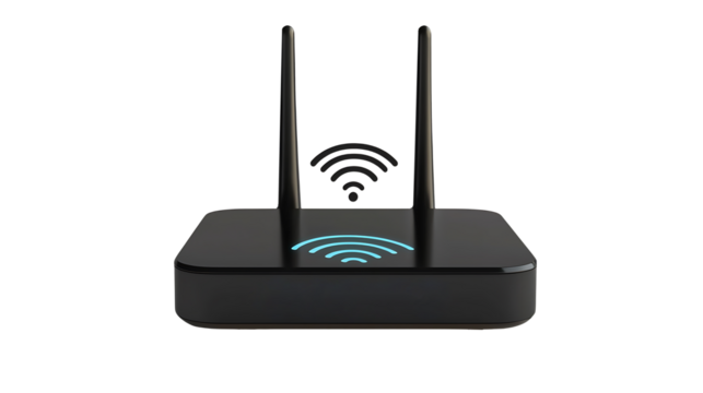 Sleek black wireless router with antennas provides a strong WiFi signal for modern digital communication and network connectivity, transparent background - Powered by Adobe