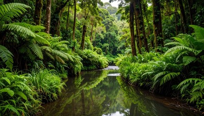 Lush green forest with a stream reflecting the trees and foliage above it