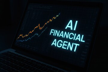 Glowing neon blue text ai financial agent displayed on a laptop screen showing a rising stock market graph with glowing lines