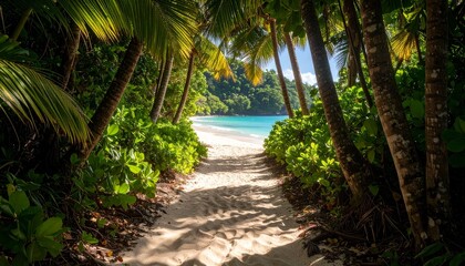 Pathway through lush vegetation leads to a tropical beach with turquoise water