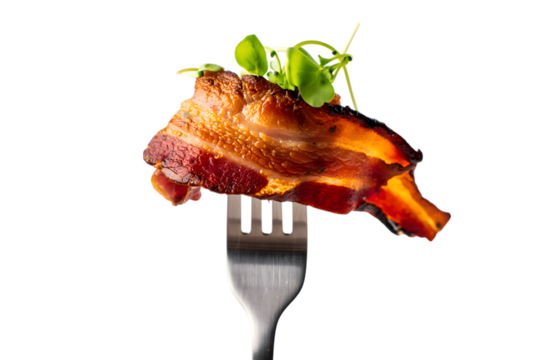 Crispy Bacon Slice Garnished with Green Sprouts on a Silver Fork pork meat