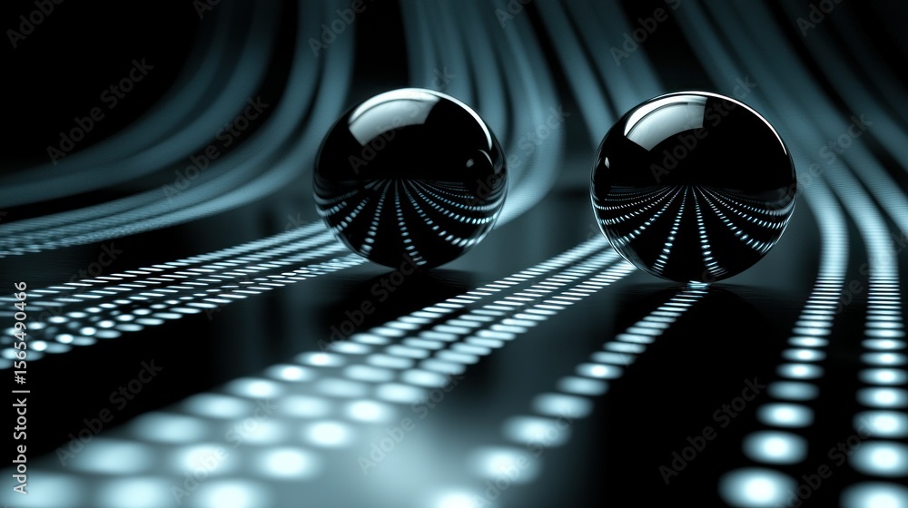 Poster two black spheres rest on a dark surface, traversed by glowing lines with dotted patterns