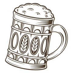 Frothy beer mug with ornate wooden design beverage drink