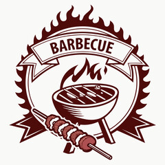 Barbecue grill with meat skewer and flames food