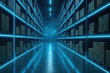 Expansive modern warehouse interior with rows of cardboard boxes stacked on metal shelves illuminated by vibrant blue neon led lights creating a futuristic and high tech atmosphere