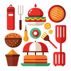 Barbecue grill tools and food items burger