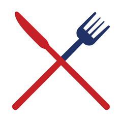 Red knife and blue fork crossed vector
