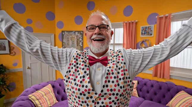Children's show host on living room set with zany colors