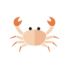 Flat illustration of a peach colored crab with orange claws and black eyes flat design