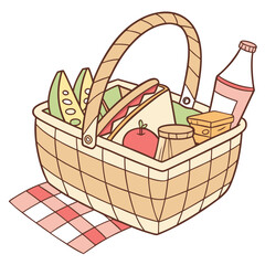 Fototapeta premium Wicker picnic basket filled with food and drink on checkered cloth sandwich