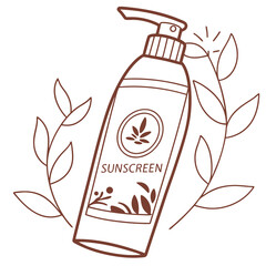 Brown line art sunscreen bottle with leaves dispenser pump