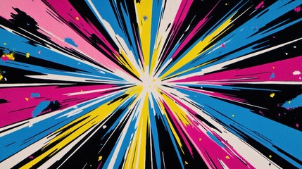 Vibrant radial pattern with bold colors and dynamic lines.