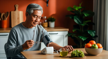 Daily blood pressure monitoring, an elderly Japanese man during morning routine of checking his blood pressure in kitchen with modern smart devices, prevention of well-being and conscious self-care
