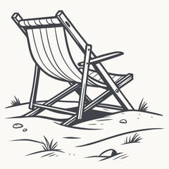 Fototapeta premium Vintage deck chair on sandy beach with grass and pebbles vector