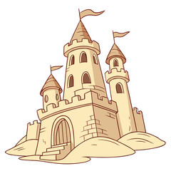 Cartoon sand castle with flags and arched entrance medieval fortress