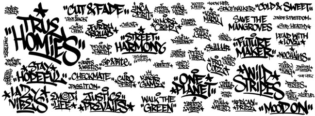 Graffiti tags set of 64 creative words for various celebration days in one canvas, urban street art style with bold lettering, vibrant vibe, and inspiring themes.