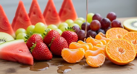 Fresh fruit platter with watermelon strawberries grapes tangerines and kiwi healthy eating dessert ideas