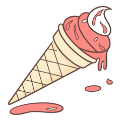 Melting strawberry ice cream cone with white cream dripping dessert