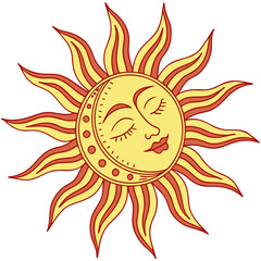 Celestial sun face with moon crescent and radiating rays cosmic