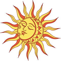 Celestial sun face with crescent moon and fiery rays vector