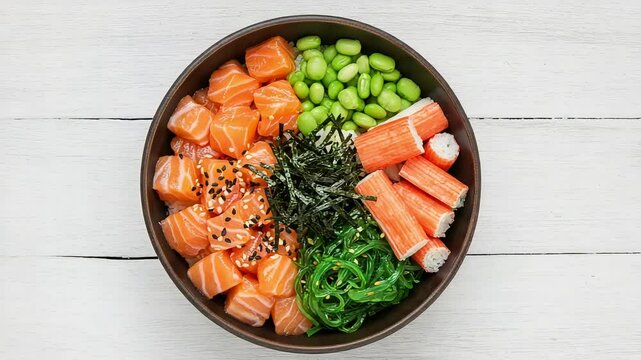 Overhead View of Sushi Bowl with Salmon and Crab on Wooden Surface