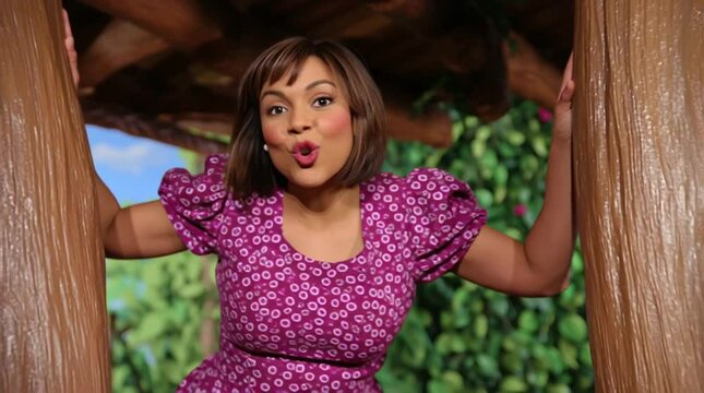Woman hosting a children's television show on nature and wildlife from a treehouse in the forest