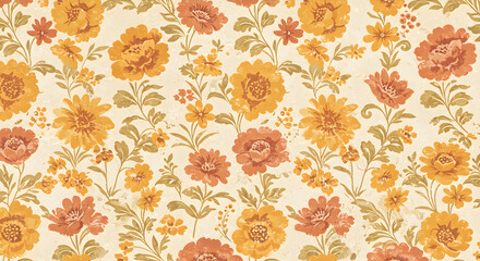 Vintage floral pattern wallpaper design with orange and peach flowers.
