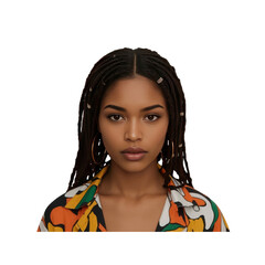 Confident Young Woman with Dreadlocks and Colorful Shirt