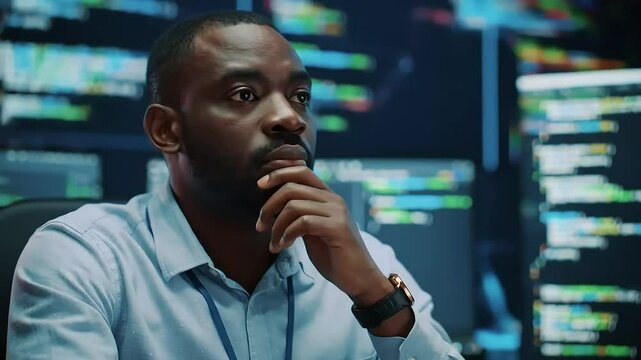 Black male data analyst working intently in server room with code displayed in the background for IT use - Powered by Adobe