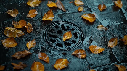 Wet cobblestones, autumn leaves, and a drain.  Fallen, golden leaves cover dark, wet paving stones, surrounding a circular drain